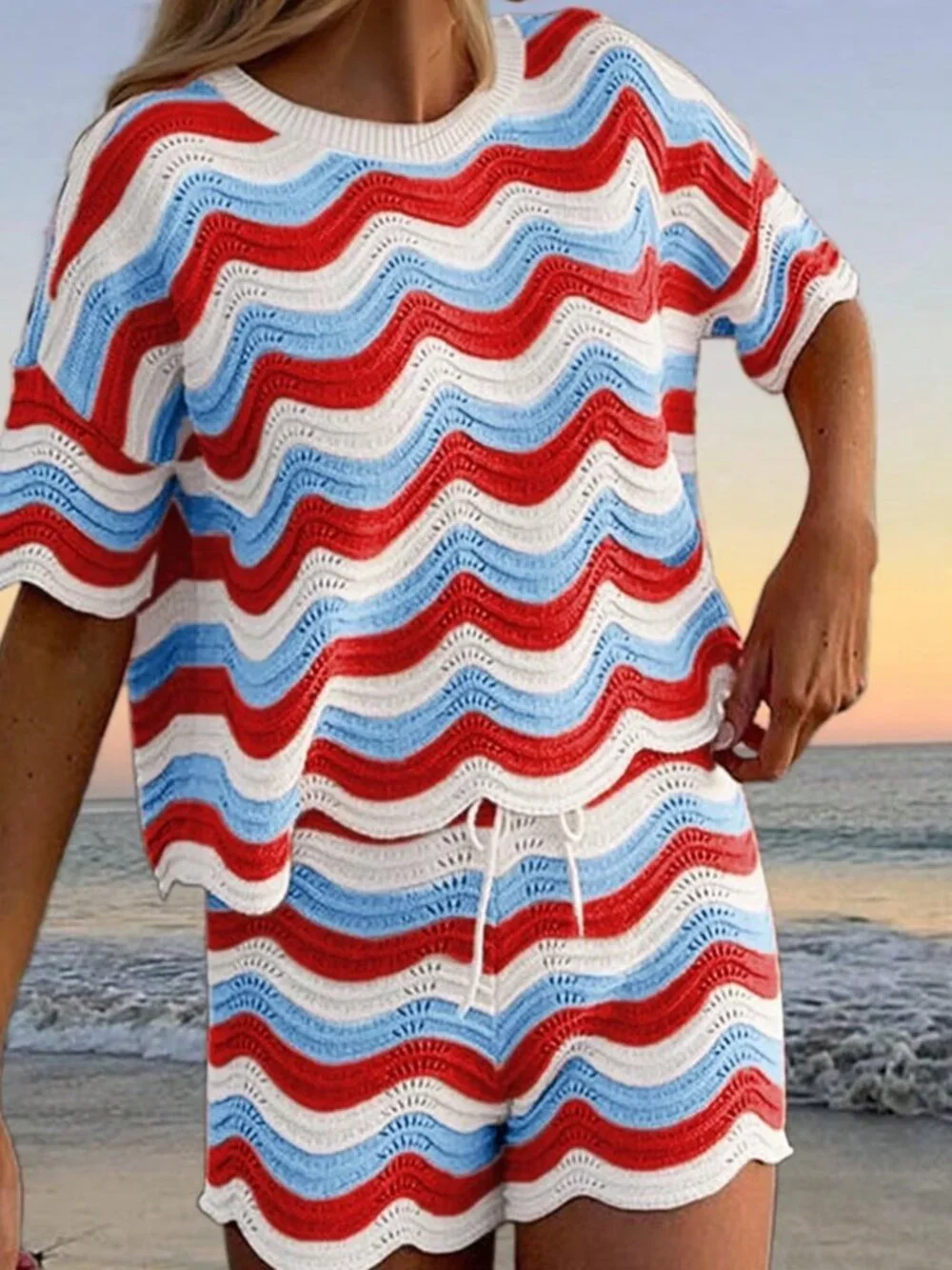 Multicolor Hollow Crochet Knit Women's Short Sleeve Top & Shorts Set